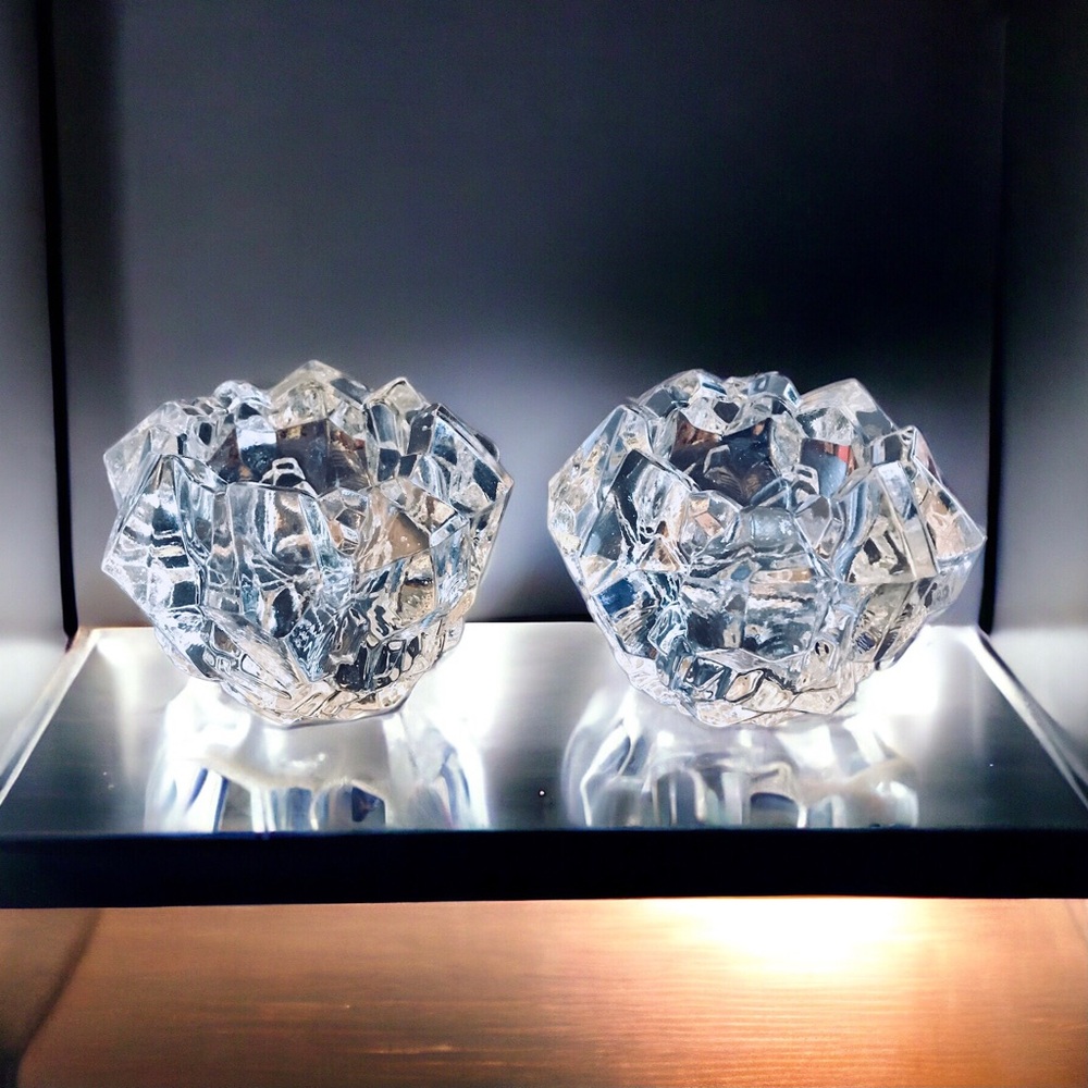 2 Goebel Crystal Meteor Charlottenhutte Votive Candleholders 4” Cubist Glamour